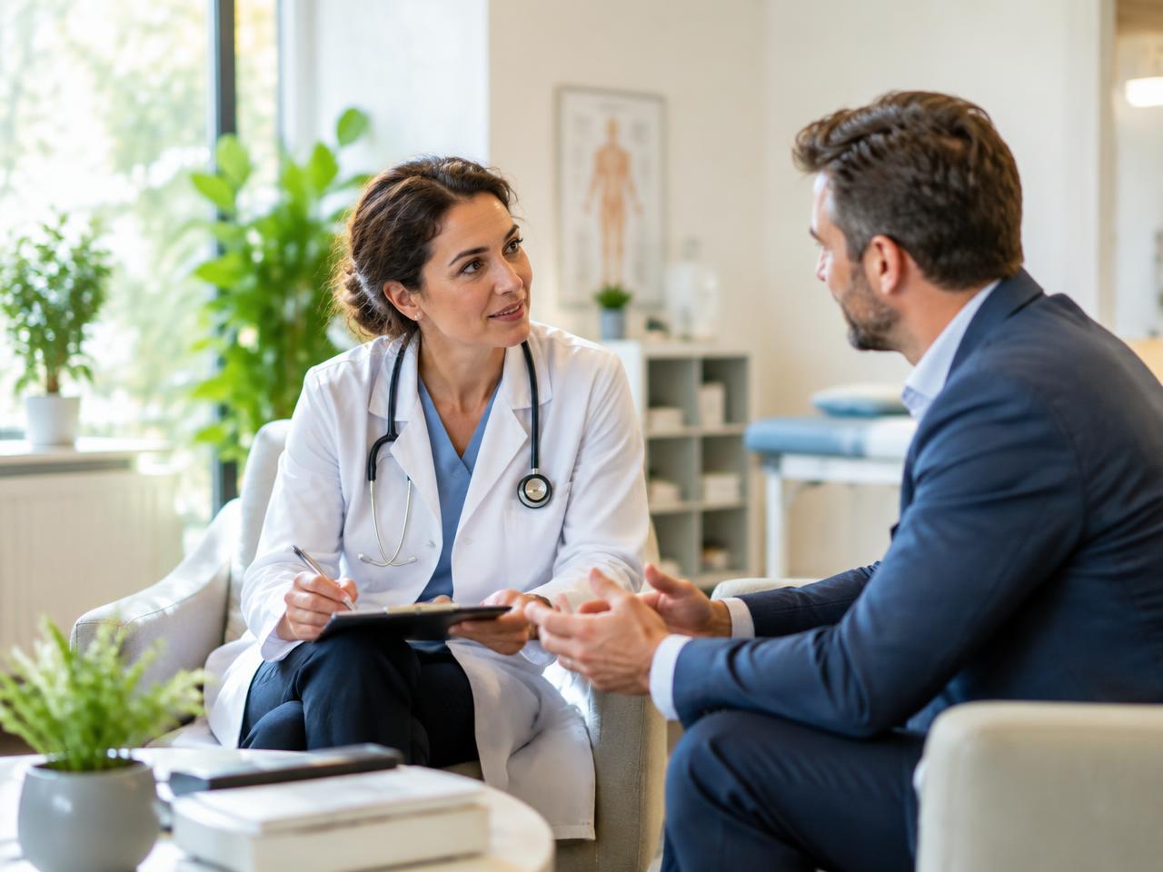 Médica conversando com representante em consultório
