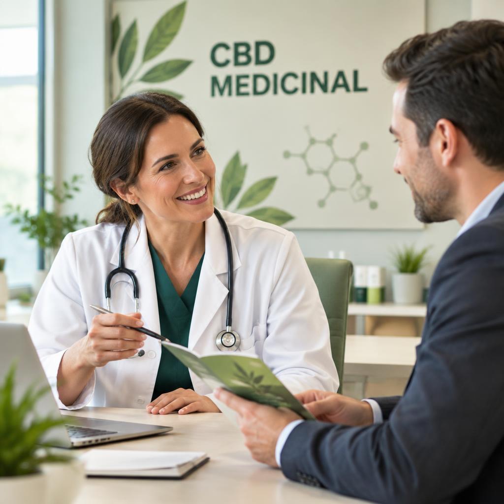 Médica conversando com representante da CBD MEDS em consultório moderno